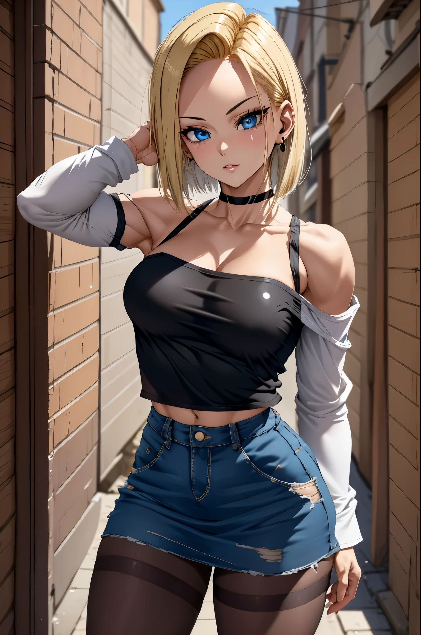 best quality, highres, and18, 1girl, android 18, solo, blonde hair, blue eyes, short hair, earrings, jewelry, denim vest, open vest, black pantyhose, black shirt, denim skirt, striped long sleeves, blue skirt, medium breasts, cowboy shot, street, off-the-shoulder, Strapless, 29 years old. piernas fuertes. pechos grandes,
