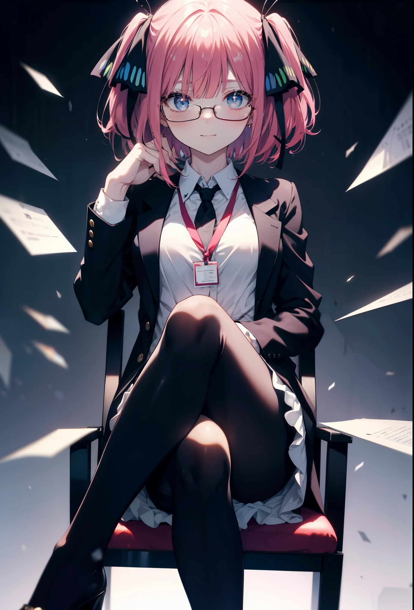 i was silent, nino nakano, short hair, bangs, blue eyes, hair ornaments, hair ribbon, pink hair, blunt bangs, two side up, butterfly hair ornaments,OL, red glasses, end, black suit jacket, collared jacket, white dress shirt, collared shirt, neckline, button, strap, ID card on neck, black pencil skirt, black pantyhose, stiletto heels,sitting cross-legged on a chair,There is a computer on the desk.,smile, blush,
break indoors, オフィス
break looking at viewer, break (masterpiece:1.2), highest quality, High resolution, unity 8k wallpaper, (figure:0.8), (detailed and beautiful eyes:1.6), highly detailed face, perfect lighting, Very detailed CG, (perfect hands, perfect anatomy),