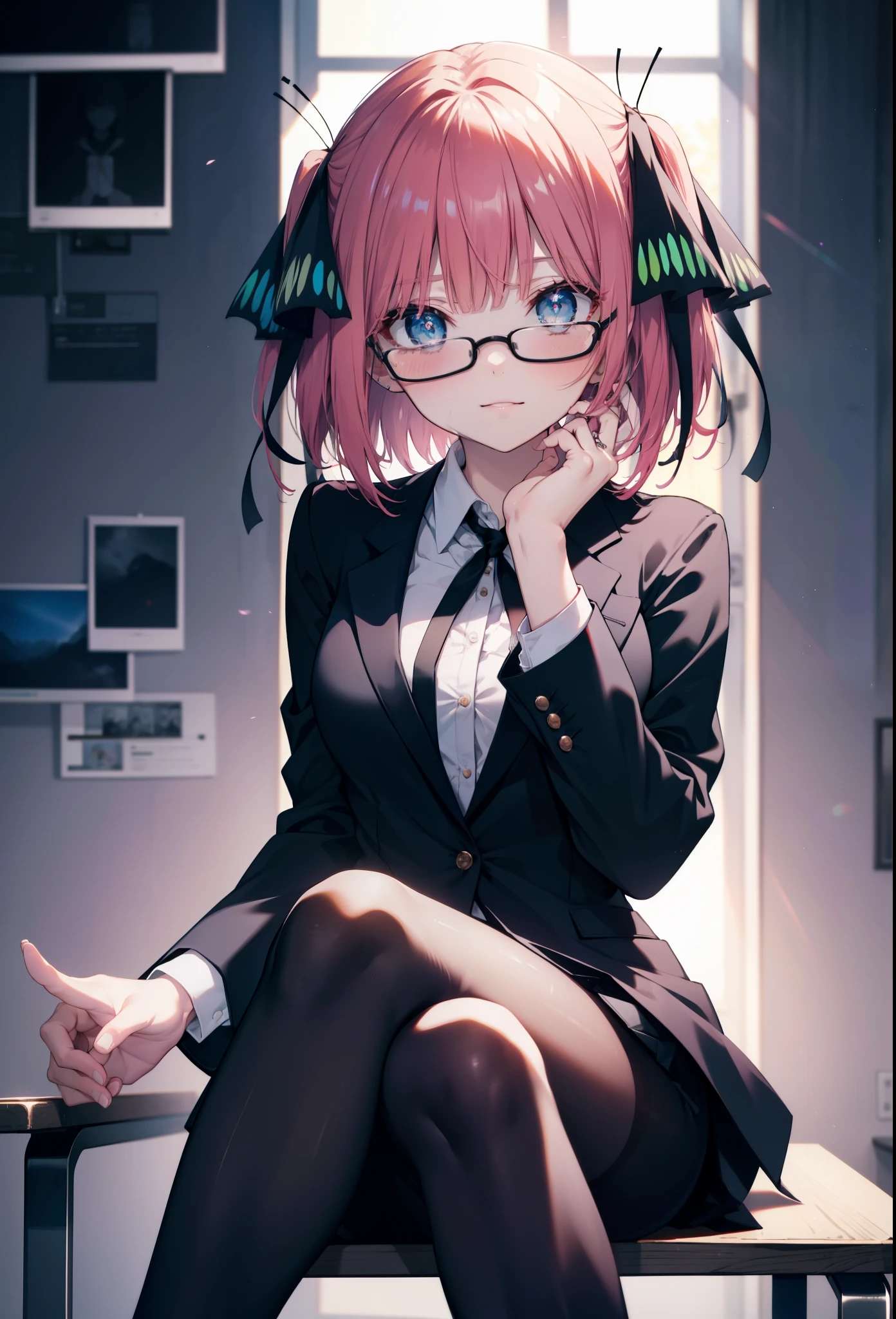 i was silent, nino nakano, short hair, bangs, blue eyes, hair ornaments, hair ribbon, pink hair, blunt bangs, two side up, butterfly hair ornaments,OL, red glasses, end, black suit jacket, collared jacket, white dress shirt, collared shirt, neckline, button, strap, ID card on neck, black pencil skirt, black pantyhose, stiletto heels,sitting cross-legged on a chair,There is a computer on the desk.,smile, blush,
break indoors, オフィス
break looking at viewer, break (masterpiece:1.2), highest quality, High resolution, unity 8k wallpaper, (figure:0.8), (detailed and beautiful eyes:1.6), highly detailed face, perfect lighting, Very detailed CG, (perfect hands, perfect anatomy),