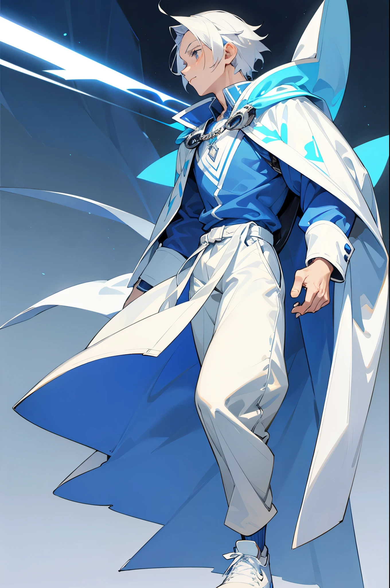 1male, casual clothing, white hair, silver eyes, blue/white cape, blue longsleeved shirt, Jordan 1 retro offwhite, white nike backpack, park background, walking on path, detailed eyes