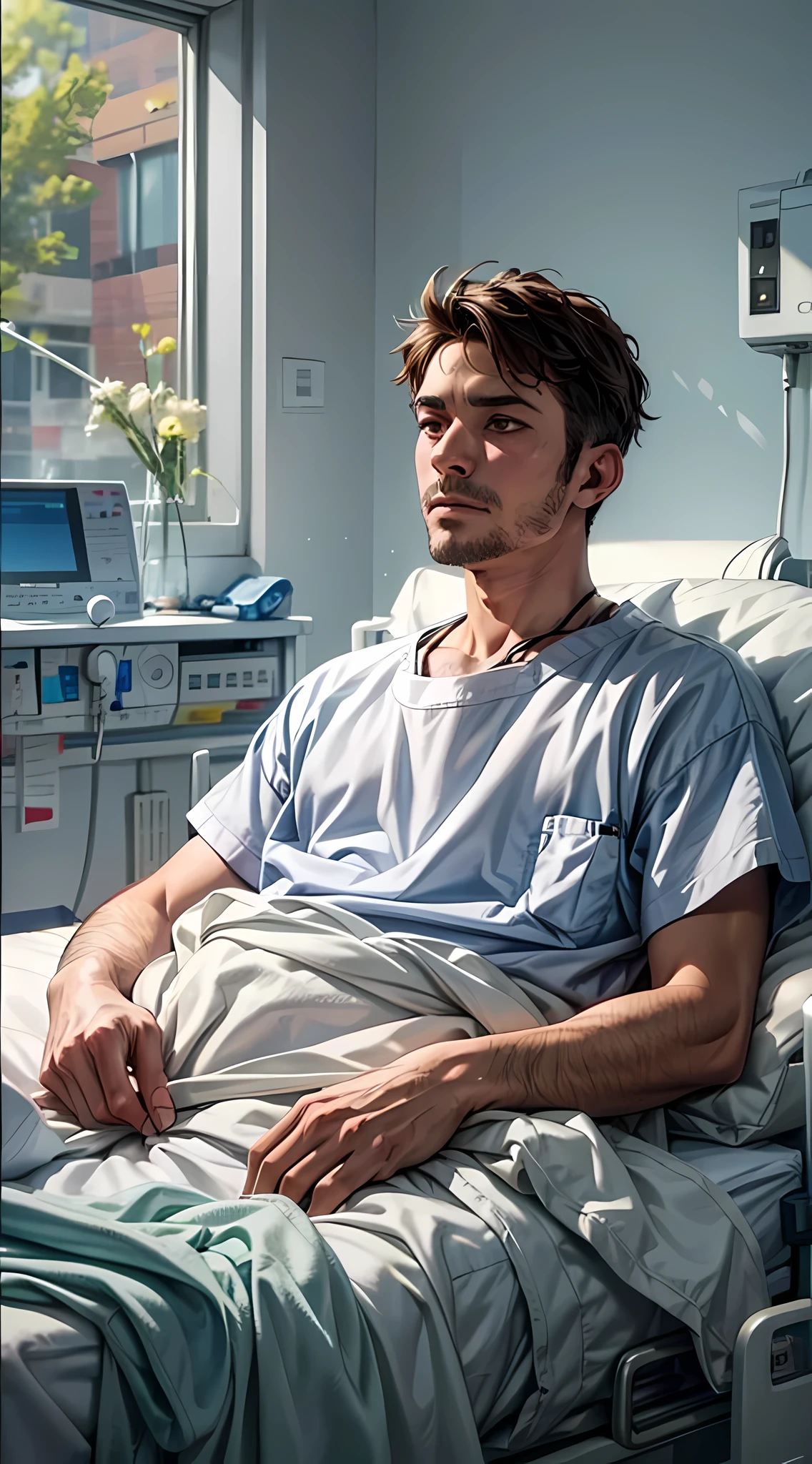There is a man in a hospital bed with a monitor - SeaArt AI