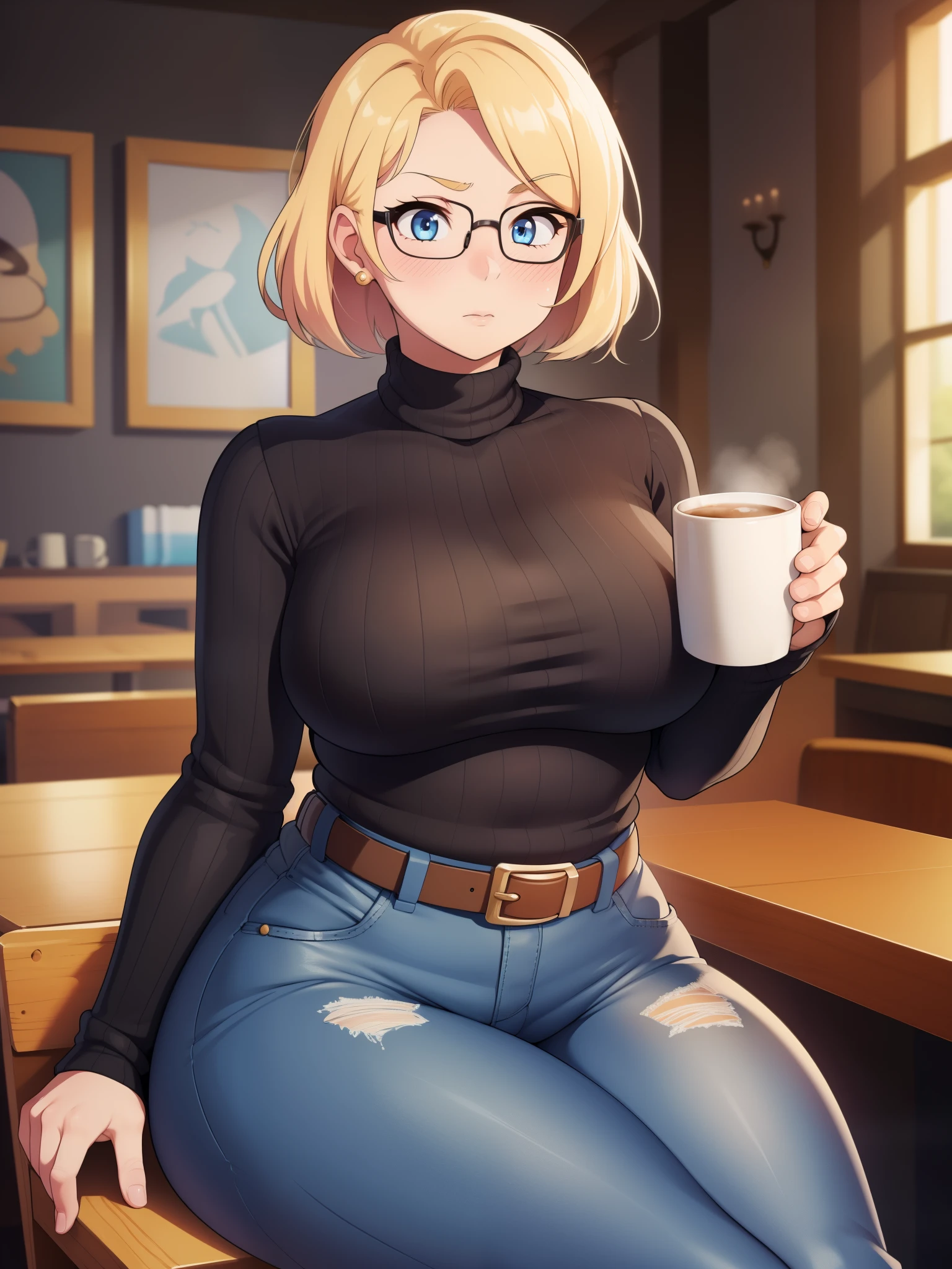 ((Masterpiece)), perfect anatomy, perfect shading, field of depth, (best quality), extremely delicate and beautiful, perfect lighting, detailed face, ultra cute face, cute, (cowboy shot 1.2), full body, (((1girl))), ((solo)), looking at viewer,

short hair, fluffy hair, blonde hair, blue eyes, Glasses, ((blush)), shy, nervous, embarrassed, (black turtleneck sweater 1.5), (jeans 1.2), belt, extremely tight clothes, medium breasts, ((wide hips)), ((thick thighs)), ((chubby)), 

coffee shop, intricate background, detailed background, sitting on a chair mug on table,