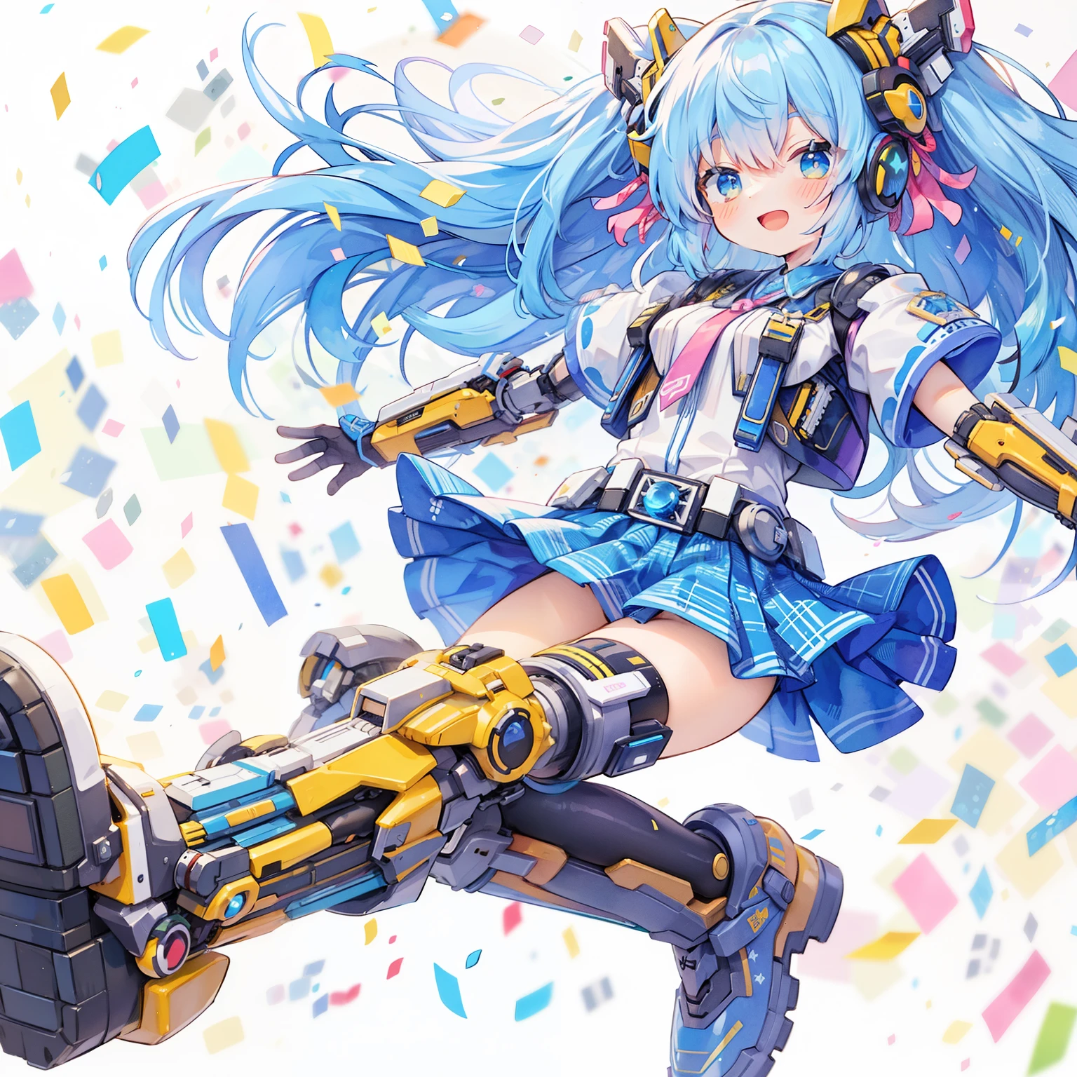 Close-up、Pastel Watercolor、blue hair、fullbody、jumping、side,smile1girl, miniskirt mecha musume, mechanical armor, mechanical leg, headgear, yellow armor,1 girl, idol, idol costume, live stage, confetti,90's anime style illustration, vivid, like a single thought, neon、((dynamicangle))