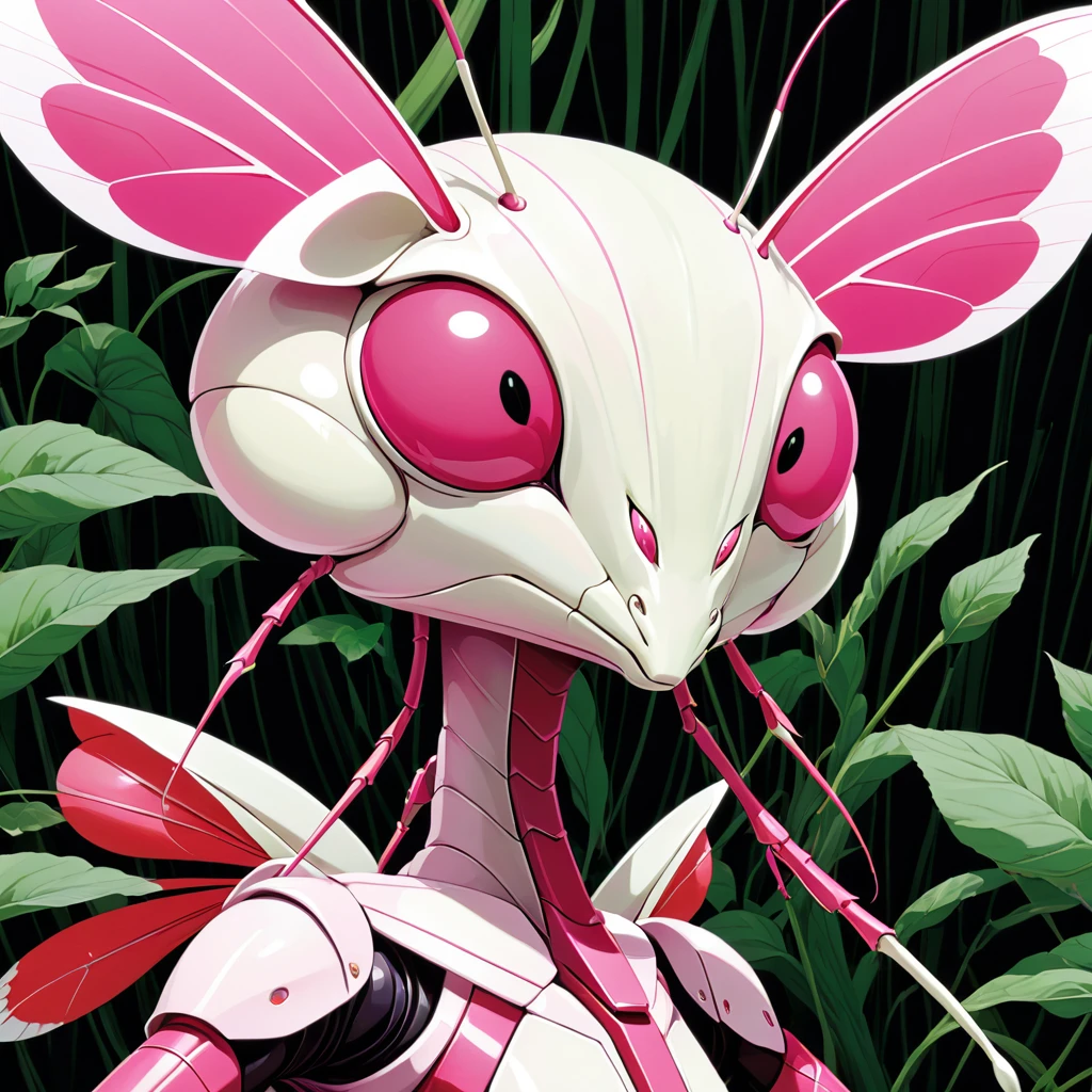 pink and white mantis with pink-red stripes in Satoshi Kon art style