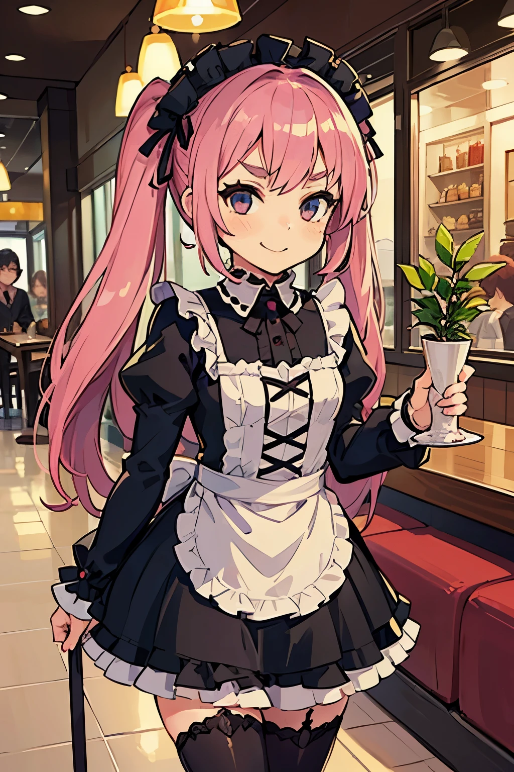 young girl with pink hair long twin-tail hairstyle, small thick eyebrows, with gothic lolita clothes, lolicon (Zankuro) drawing style of the zankuro artist, Zancrow style, image uploaded to R34, walking in the mall, flirty smile , suddenly having sex in public, doggy style sex , ((public sex in restaurant))