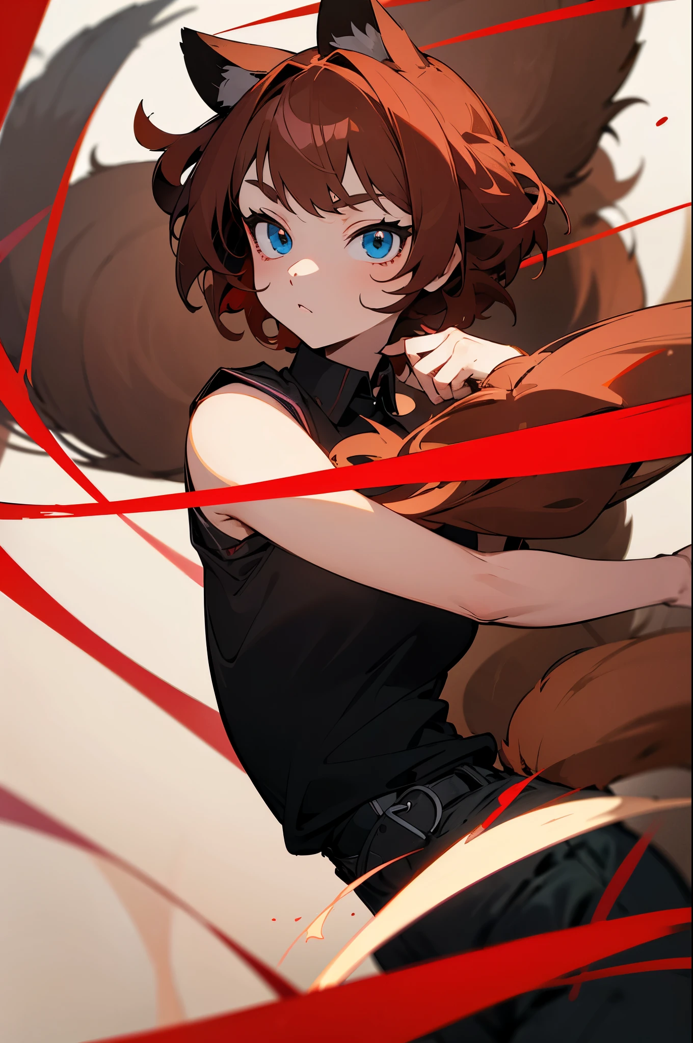 Masterpiece, intricate, anime style, full body, 1girl, rakkun, racoon girl, racoon ears, 1tail, fluffy tail, racoon tail, brown and light brown ringed tail, red and blue eyes blurred, short hair, red inner hair, brown hair, a strand of hair on the left side, red hair strips, short black shirt uncovered on the shoulders and with a black mesh with black borders up to the collar, polo shirt, short black skitr whit dark red checkered, black belt around the waist, looking at viewer, best quality, 4k,highres, professional art, professional drawing, professional lineart, outlined markers