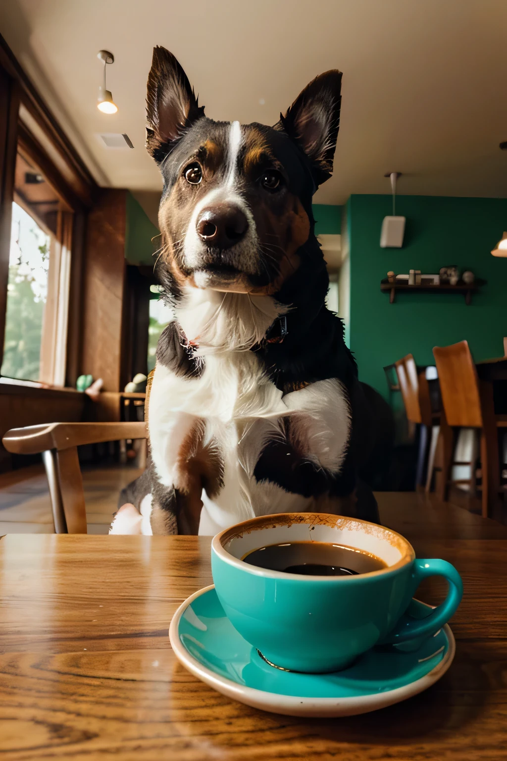dog sitting at a table with a cup of coffee, looking solemn; Couleurs vives, DSLR, lentille Grand angle, high saturation.