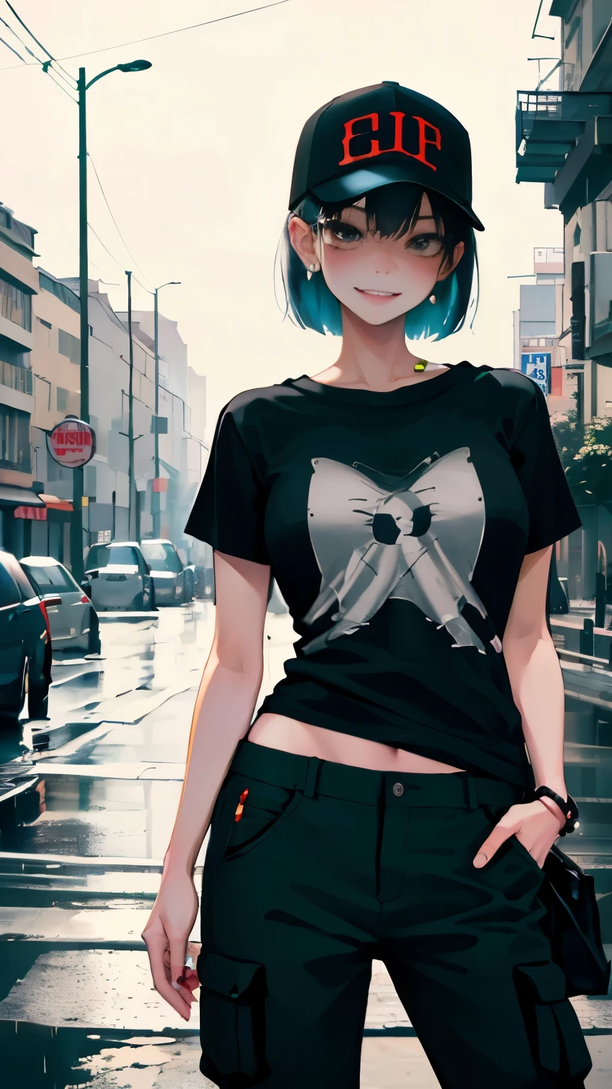 super resolution,
(realistic:1.3),
(1 slim girl), stylish girl, fashion,
young face, blush, (evil smile),
(slim) thigh,
baseball cap, earrings,
(black t-shirt), (baggy cargo pants),
gravure,
Rainy streets