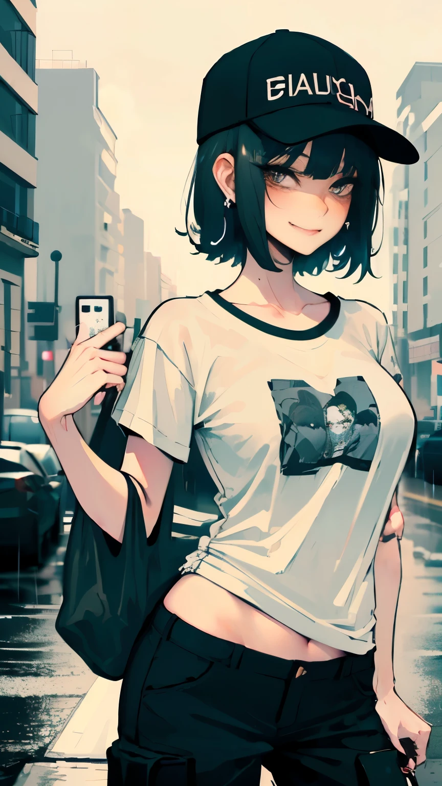 super resolution,
(realistic:1.3),
(1 slim girl), stylish girl, fashion,
young face, blush, (evil smile),
(slim) thigh,
baseball cap, earrings,
(black t-shirt), (baggy cargo pants),
gravure,
Rainy streets