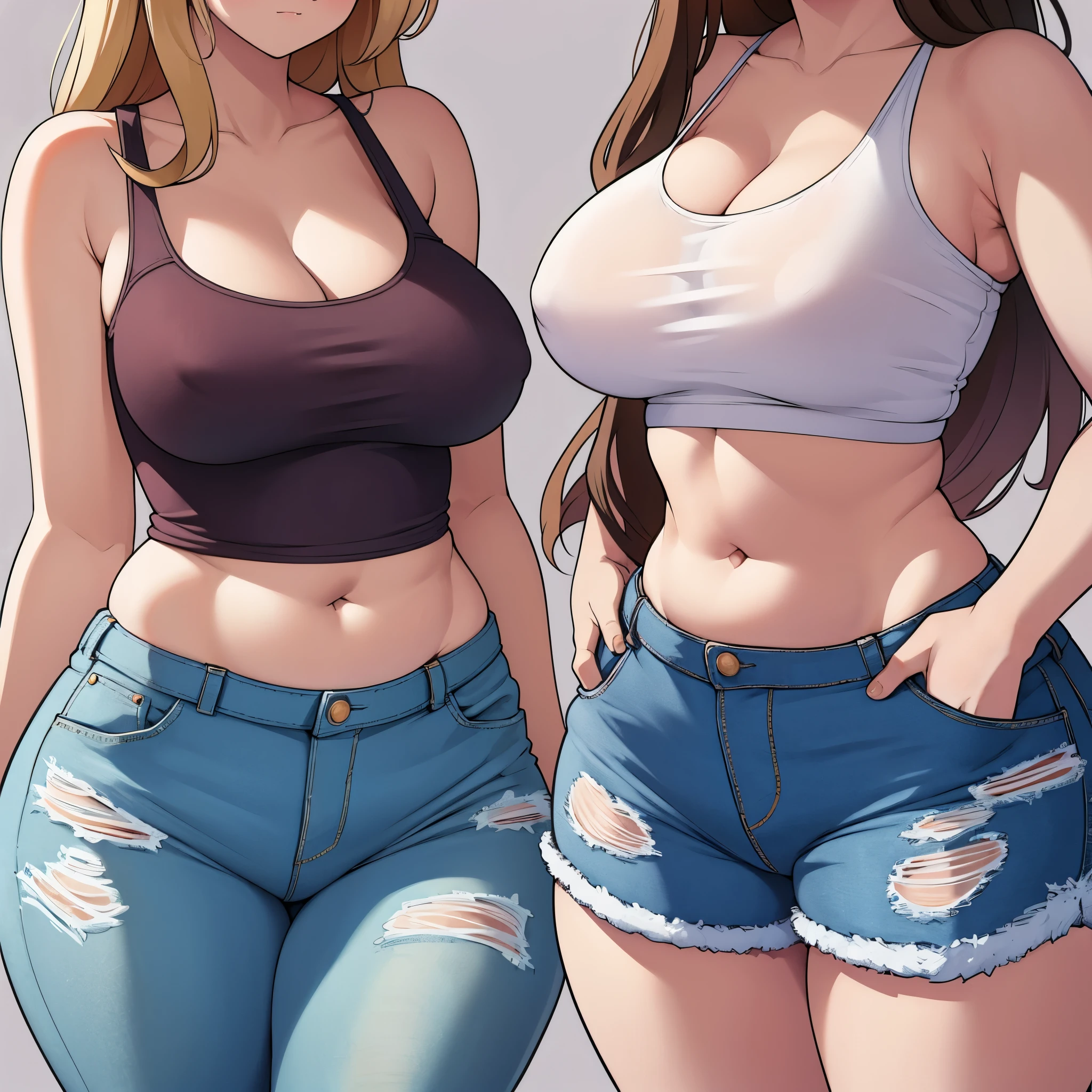 ((highres)), Masterpiece, high quality, best quality, beautiful, perfect lighting, detailed face, ultra cute face, ((2girls)), ((blush)), one girl has blonde hair, blue eyes, crop top and shorts, one girl has brown hair, green eyes, jeans, white shirt, tight clothes, simple background, medium breasts, cleavage, ((wide hips)), (thick thighs), chubby, chubby belly, arms behind back,