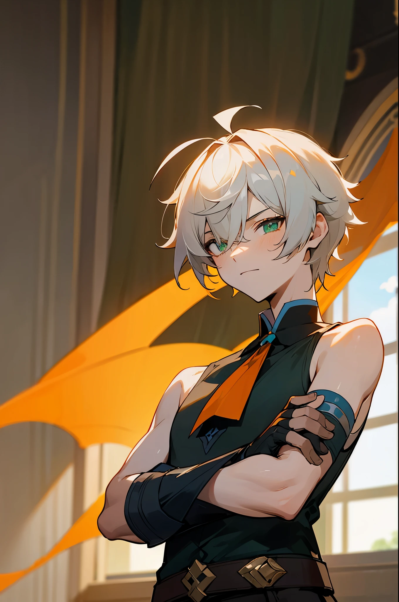 masterpiece, best quality,alhaitham\(genshin impact\), 1boy, male focus, window, shirt, solo, gloves, sleeveless shirt, grey hair, green eyes, orange pupil, sleeveless, ahoge, curtains, black shirt, bangs, hair over one eye, black gloves, indoors, fingerless gloves, black pants, pants, swept bangs, boots, bare shoulders, short hair, elbow gloves,(kbxll:0.6), detailed, focus on face, accurate face, ((crossed arms)), standing
