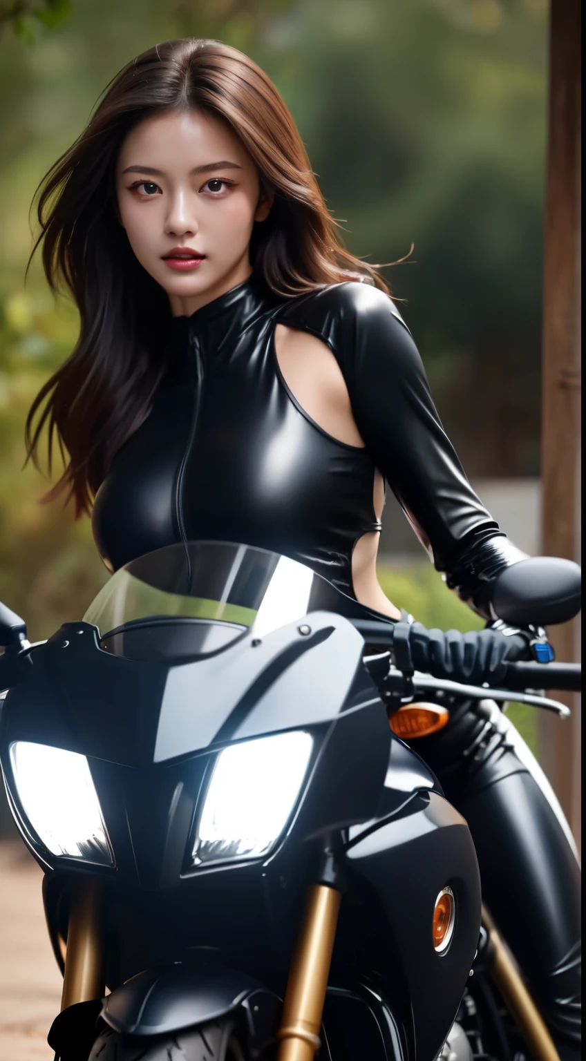 ((masterpiece)), ((highest quality)), ((High resolution)), ((detailed background)), (1 girl), pretty girl, black clothes, long hair, brown hair, black eye, ((detailed face and eyes)), wet lips, shine, whole body, Backlight, long slit eyes, ample breasts, Motorbike, rider suit,