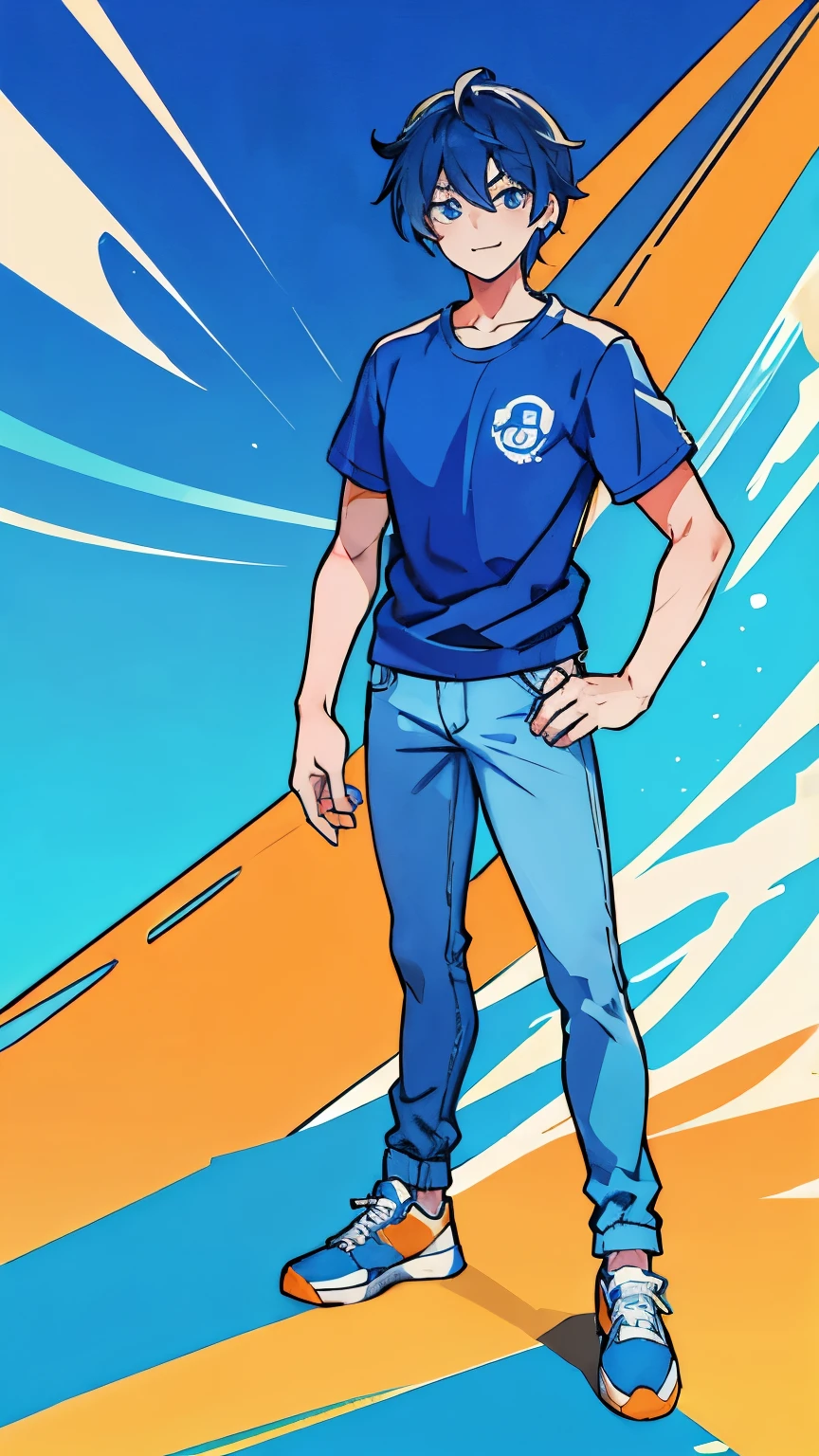 David Kazuki, teenage boy, straight blue hair, blue eyes, blue t-shirt, orange jacket, long jeans, white and blue sports shoes, full body, smile, handsome