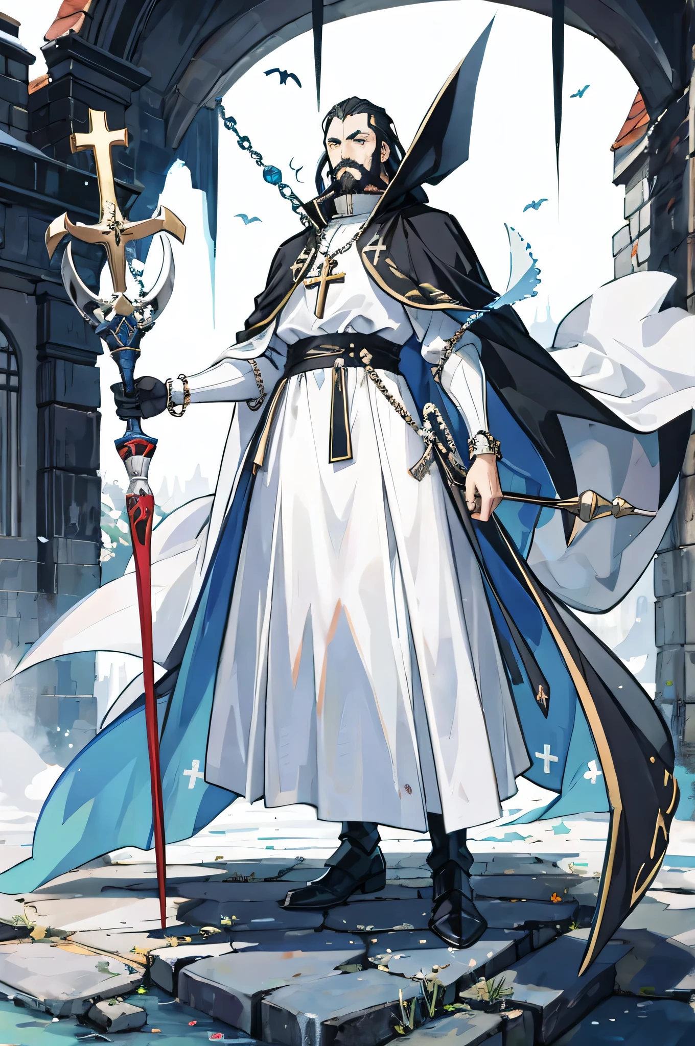 one man, 70 year old mage with a full beard, black hair, black beard, with white cloak, In full medieval plate armor, white cloak, vampire hunter d style, flat, 2D, full body shot, rosary for necklace, catholic, cool pose, gauntlet, medieval staff,full body,whole body,