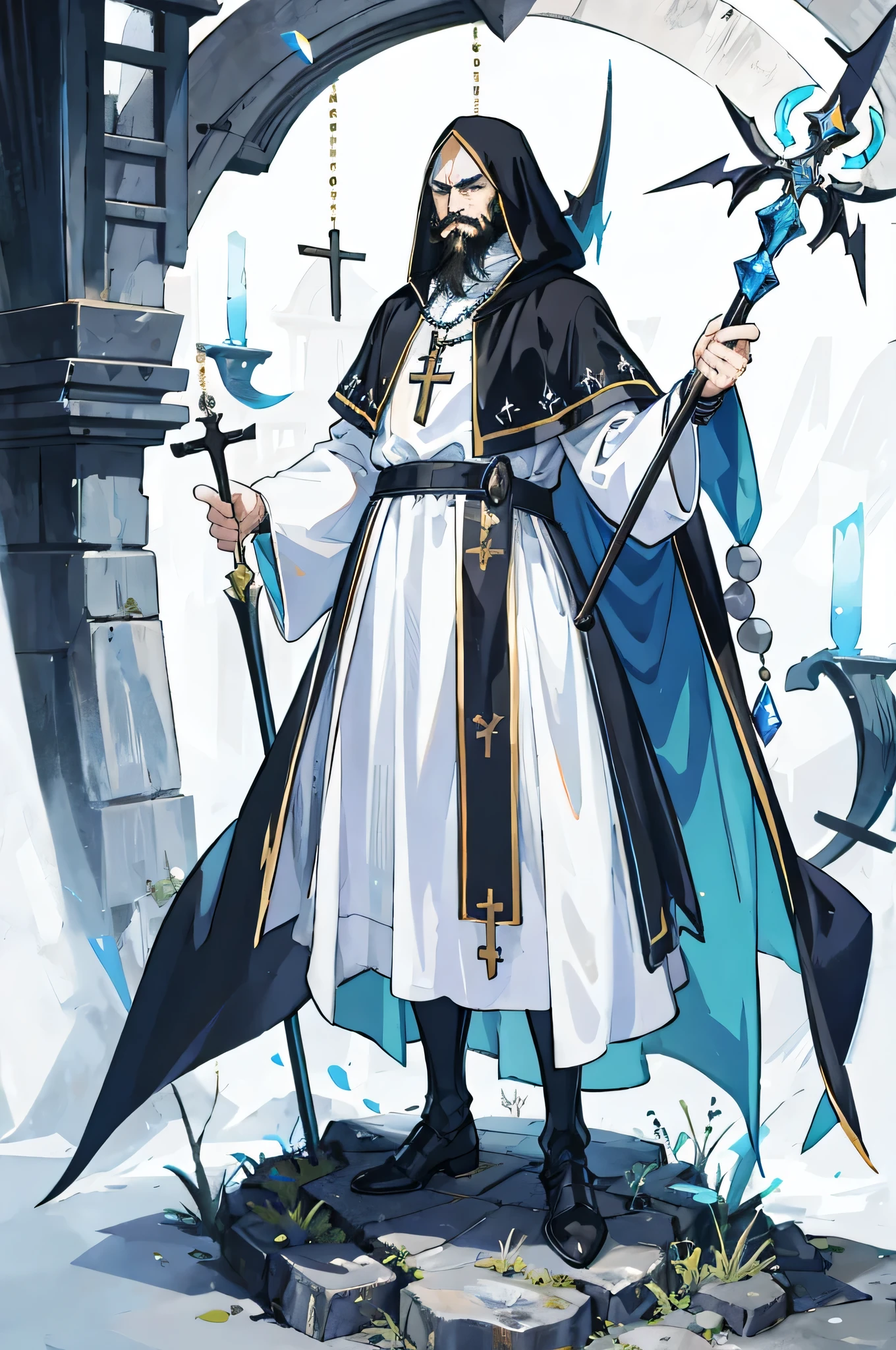 one man, 70 year old mage with a full beard, black hair, black beard, with white cloak, In full medieval plate armor, white cloak, vampire hunter d style, flat, 2D, full body shot, rosary for necklace, catholic, cool pose, gauntlet, medieval staff,full body,whole body,