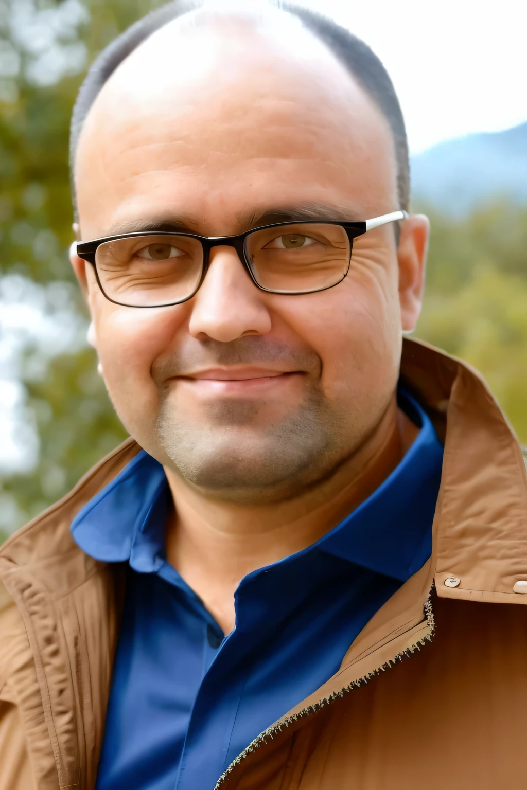 1 man, middle-aged man, charming, brown eyes and hair, short hair almost bald. He looks directly into the camera, blue eyes standing out intensely against his snow-white skin. He wears glasses, which gives him a modern and stylish appearance. The man wears a jacket. The photo was taken in high resolution, which allows you to clearly trace the details of the young man's face and surroundings.