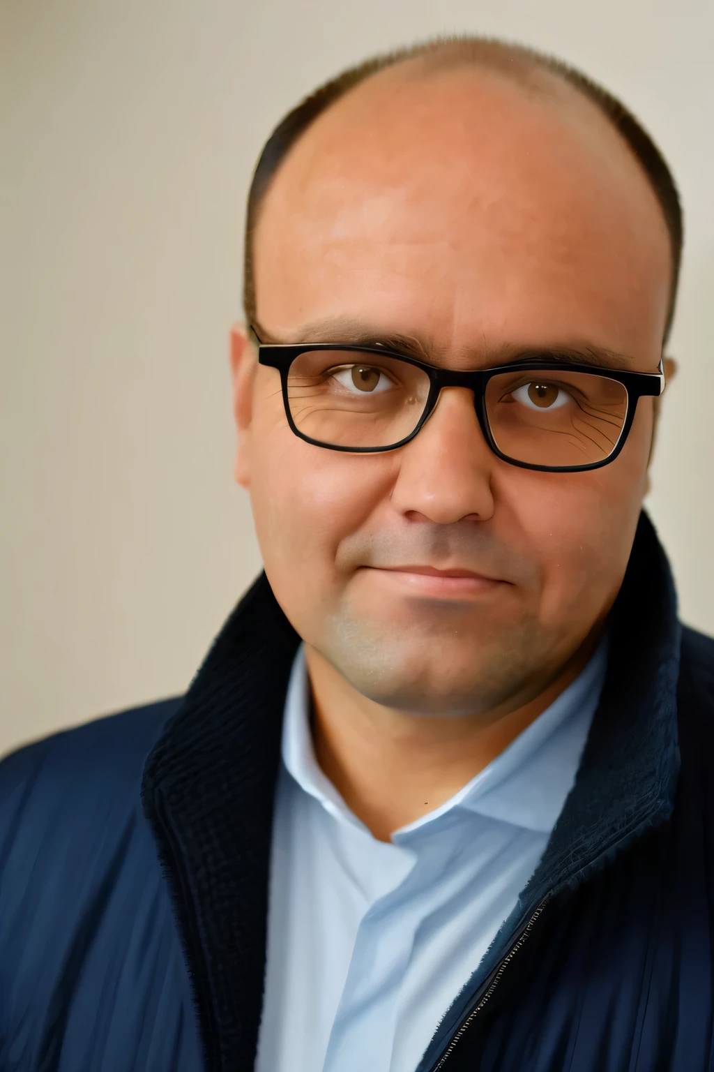 1 man, middle-aged man, charming, brown eyes and hair, short hair almost bald. He looks directly into the camera, blue eyes standing out intensely against his snow-white skin. He wears glasses, which gives him a modern and stylish appearance. The man wears a jacket. The photo was taken in high resolution, which allows you to clearly trace the details of the young man's face and surroundings.