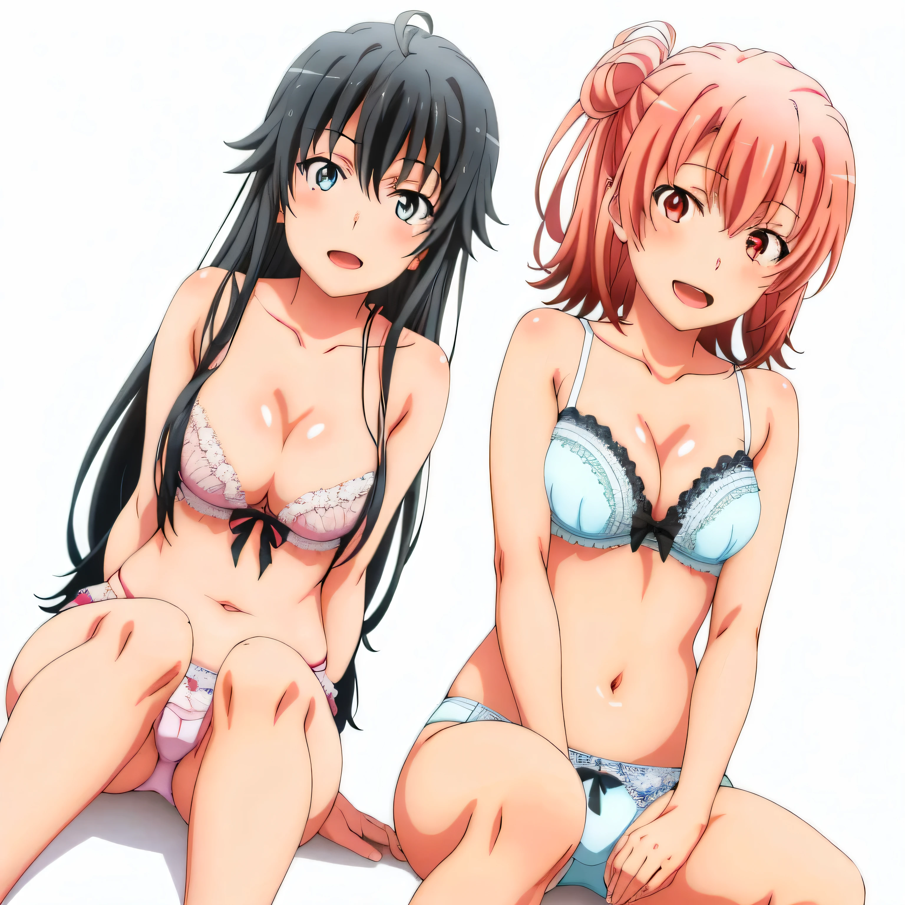 2 girls , Yukinoshita Yukino , yuigahama yui&#39;bust and thighs are great,In underwear,sit facing forward,belly button,light pink panties,white panties,thighs,knees,(high angle),(beautiful eyes),open mouth smile,Insert your head