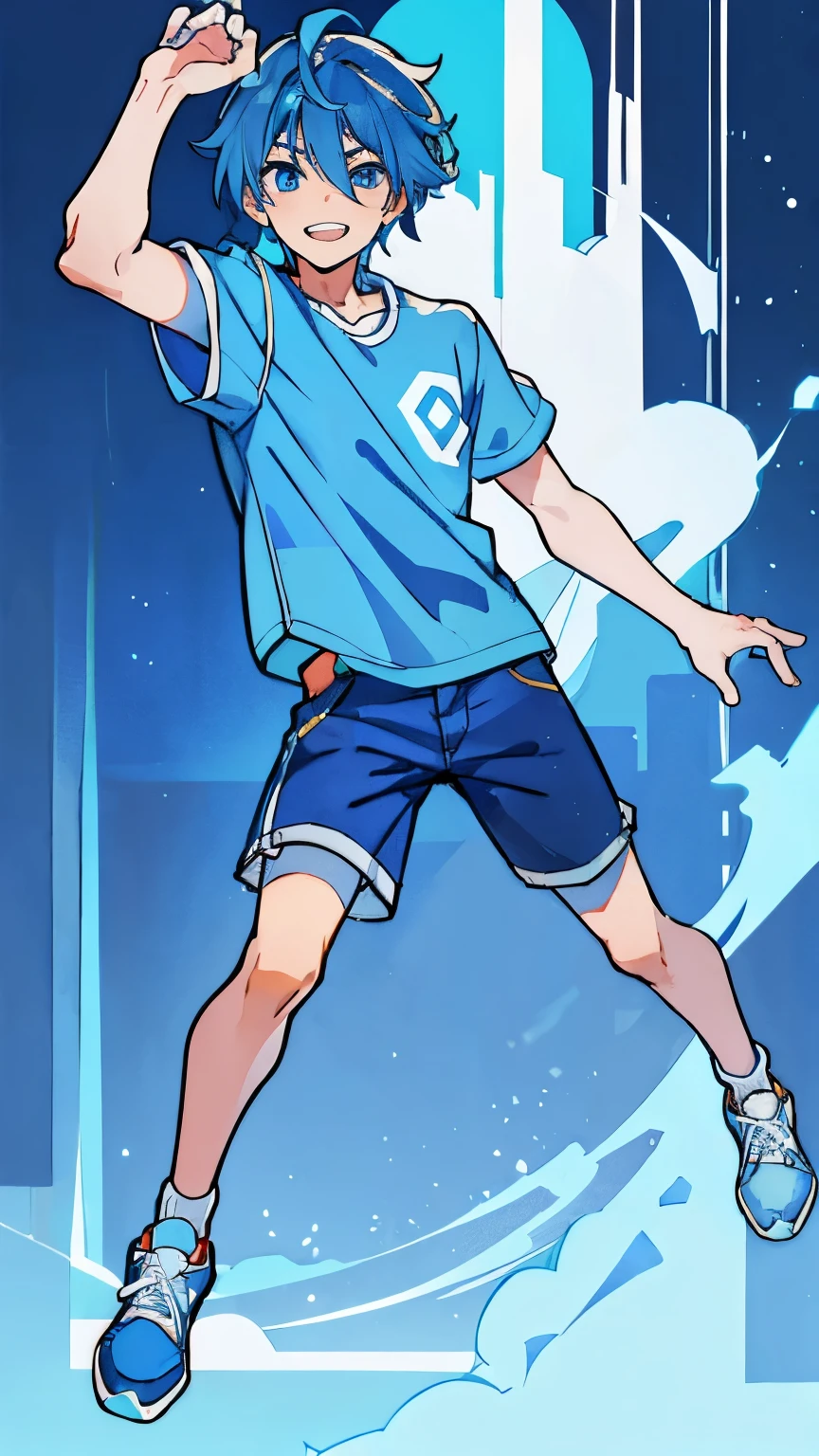 David Kazuki, teenage boy, straight blue hair, blue eyes, blue t-shirt, orange jacket, long jeans, white and blue sports shoes, full body, smile, handsome