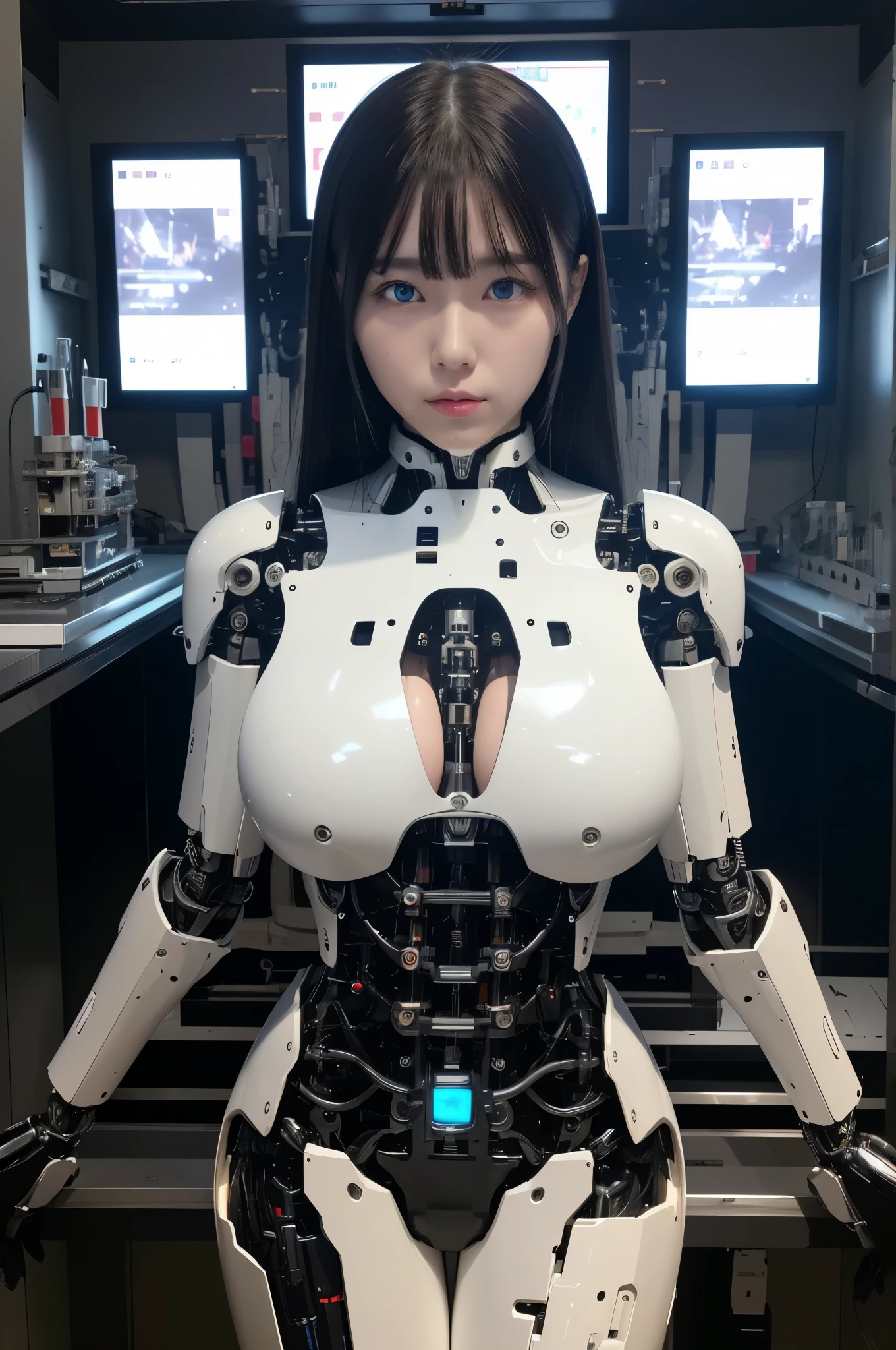 masterpiece, best quality, extremely detailed,8k portrait,Japaese android girl,Plump,control panels,android,Droid,Mechanical Hand, Robot arms and legs, Black Robot Parts,Black hair,Mechanical body,Blunt bangs,White robotics parts,perfect robot girl,long tube,thick cable connected her neck,ceramic body ,mechanical body,mechanical costume,android,robot,humanoid,cyborg,japanese android woman,mechanical chest,future laboratory,connecting a cable between the legs,(blue eyes:1.5)