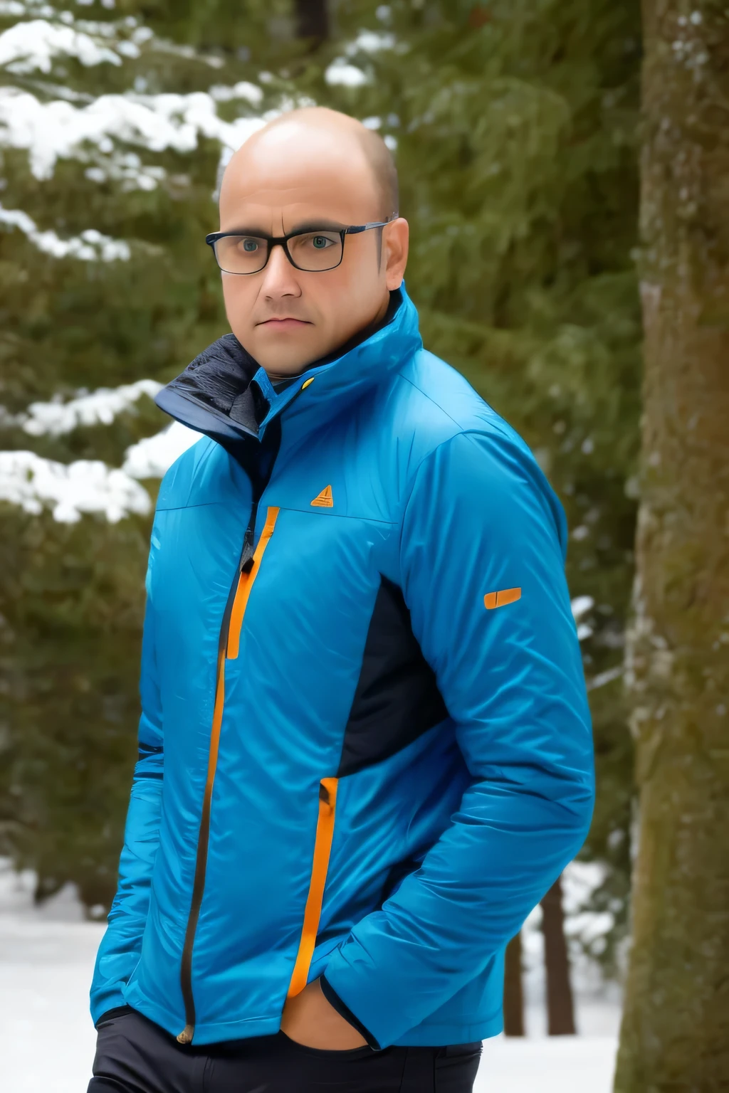 1 man, middle-aged man, charming, brown eyes and hair, short hair almost bald. He looks directly into the camera, blue eyes standing out intensely against his snow-white skin. He wears glasses, which gives him a modern and stylish appearance. The man wears a jacket. The photo was taken in high resolution, which allows you to clearly trace the details of the young man's face and surroundings.