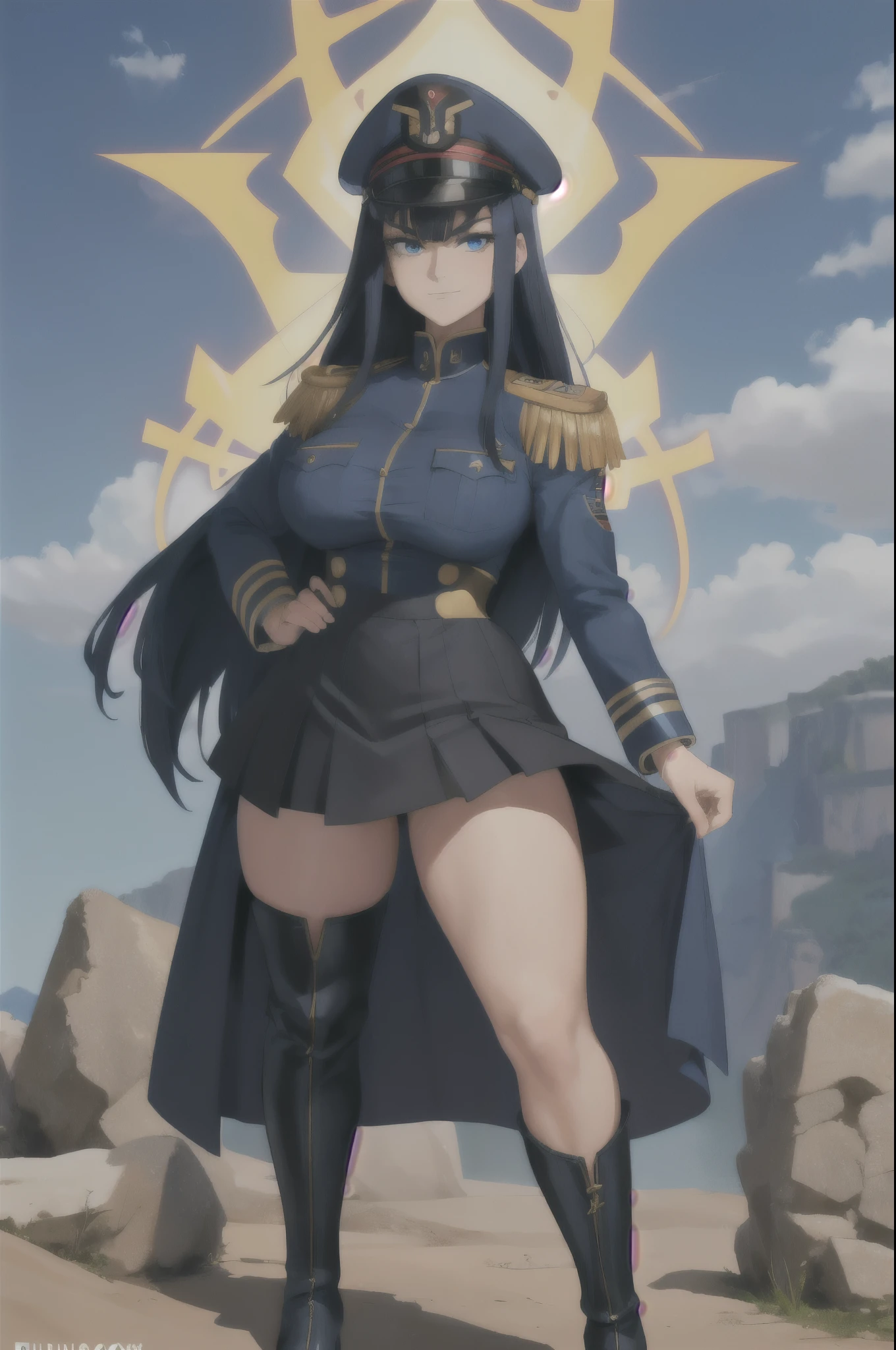 masterpiece, high quality, best quality, 1girl, (muscular female:1.0), (super gigantic breasts:1.0), (closed mouth, half smile), kiryuin satsuki, blue eyes, epaulettes, hairclip, black militar uniform, skirt, militar hat, black thigh boots, anime screencap, (fully clothed:1.0), full body 