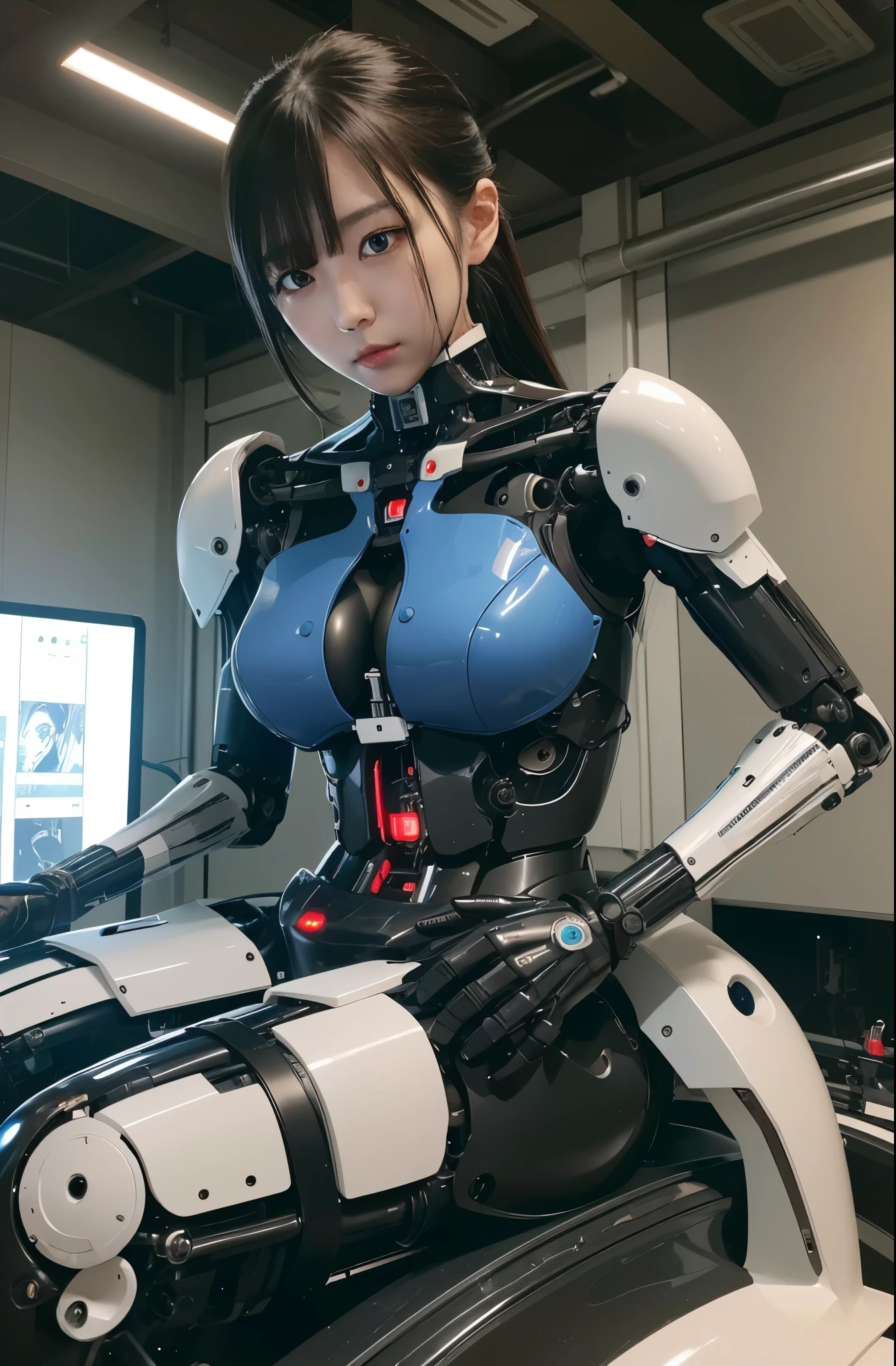 masterpiece, best quality, extremely detailed,8k portrait,Japaese android girl,Plump,control panels,android,Droid,Mechanical Hand, Robot arms and legs, Black Robot Parts,Black hair,Mechanical body,Blunt bangs,White robotics parts,perfect robot girl,long tube,thick cable connected her neck,ceramic body ,mechanical body,mechanical costume,android,robot,humanoid,cyborg,japanese android woman,mechanical chest,future laboratory,connecting a cable between the legs,(blue eyes:1.5)