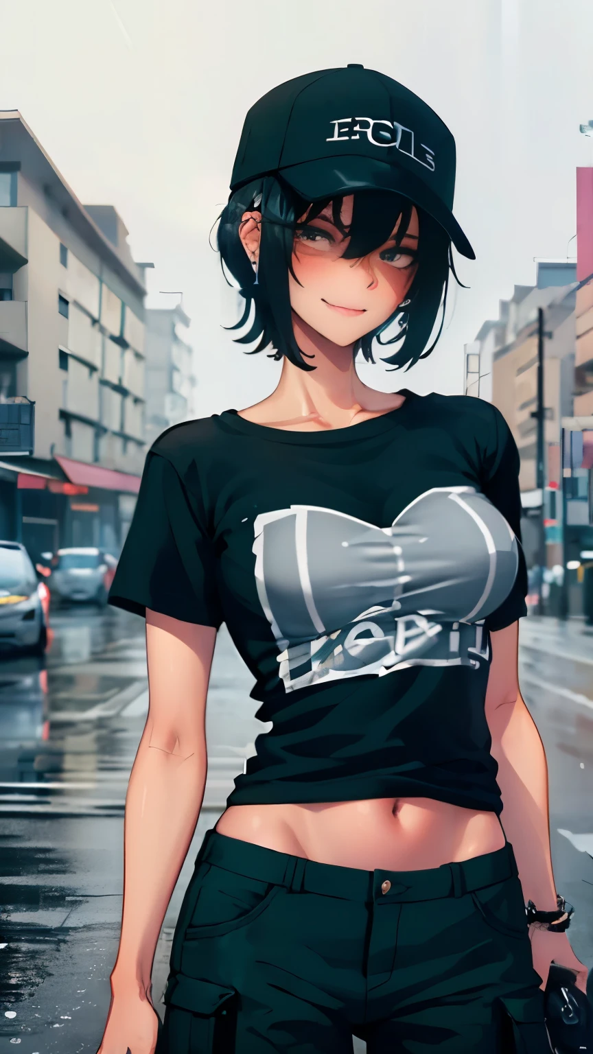 super resolution,
(realistic:1.3),
(1 slim girl), stylish girl, fashion,
young face, blush, (evil smile),
(slim) thigh,
baseball cap, earrings,
(black t-shirt), (baggy cargo pants),
gravure,
Rainy streets