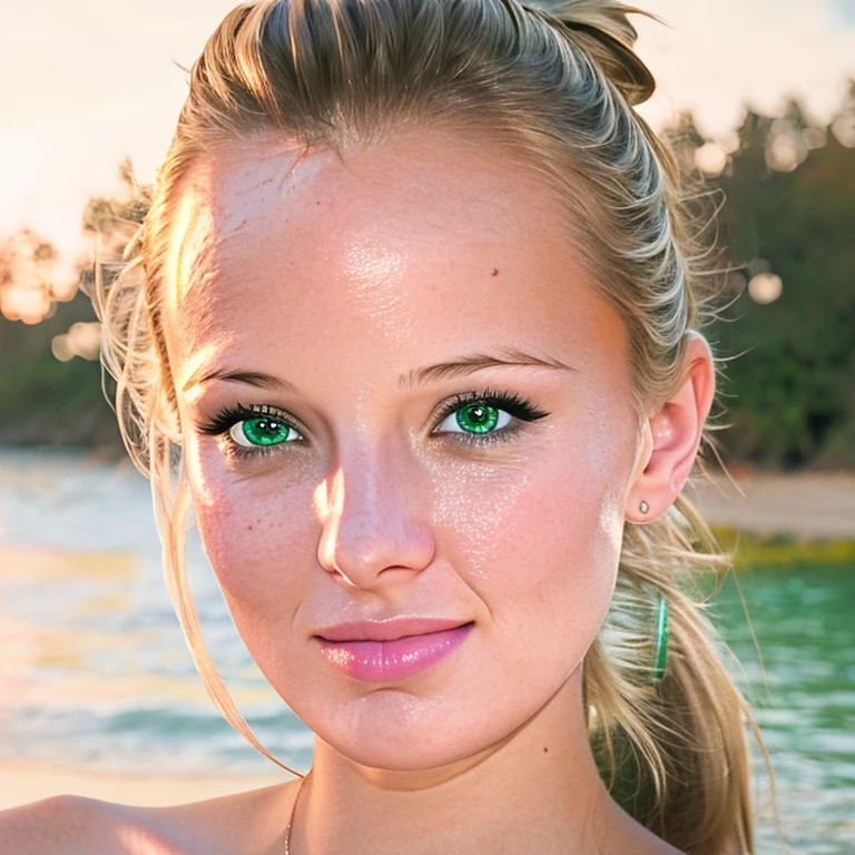 Kerri, 1girl, solo, half-body portrait, beautiful 18 year old girl, beautiful green eyes, shoulder length blonde brown hair, tight high ponytail. Kerri has a perfectly toned athletic frame. She is standing on the beach at the water's edge. The sun casts afternoon shadows and the scene has soft,neutral and magical colours. (masterpiece, 4K_resolution, best_quality:1.2), ((ultra_detailed, More Detail, Enhance)), ((perfect_detail, perfect_texture)), ((perfect_pose, perfect_anatomy, perfect_body):0.8), ((half-body_image)), ((perfect_finger, perfect_fingers, perfect_hand, perfect_hands, better_hands, perfect_legs):0.7),  (highly_detailed_skin:1.1), ((RAW, analog_style, sharp_focus, 8k UHD, DSLR, high_quality, Fujifilm XT3):1.0), ((perfect_body, perfect_skin, perfect_eyes, perfect_lips):1.2), ((perfect_lighting, vivid_colours, high_contrast, dramatic_lighting):1.3), 