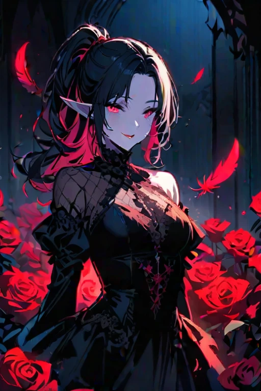 (dark atmosphere,Goethe fashion,bright colors),(best quality,Super exquisite,),Sexy goth elf girl,rose garden at night,beautiful and delicate eyes,Blue pointed black straight ponytail,Crow feathers,red lipstick,mysterious smile,Pale complexion,Fishnet socks,black lace dress,Pointed-toe boots,mysterious aura,The moonlight reflects her elegant silhouette,Soft shadows and soft highlights,Contrasting colors create a vibrant atmosphere,Dark and moody color palette,Subtle yet dramatic lighting effects,Sublime darkness intertwined with exquisite moonlight