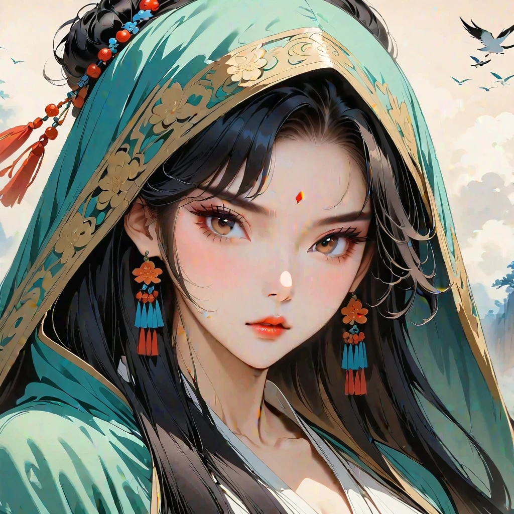 (masterpiece, best quality:1.2), 1girl, solo,anime style,with a cloak on his head,