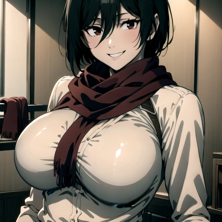 (masterpiece, best quality:1.2), 1girl,big breasts,solo,mikasa ackerman,black hair,short hair between eyes,white shirt,red scarf around neck,smiling,seductive
