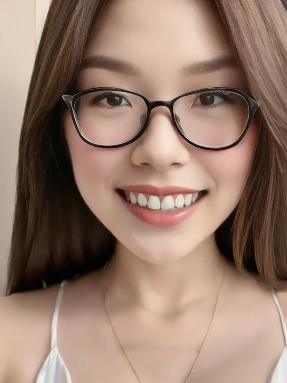 (realistic、masterpiece、Best Quality、8K、highres、high resolution:1.3)、1 glasses girl、smile, Huge breasts、white bikini、pale white skin、looking at viewers、super fine face and eyes、long hair、indoor、 upper body、