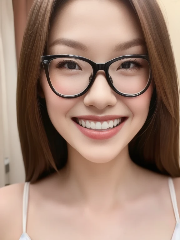 (realistic、masterpiece、Best Quality、8K、highres、high resolution:1.3)、1 glasses girl、smile, Huge breasts、white bikini、pale white skin、looking at viewers、super fine face and eyes、long hair、indoor、 upper body、