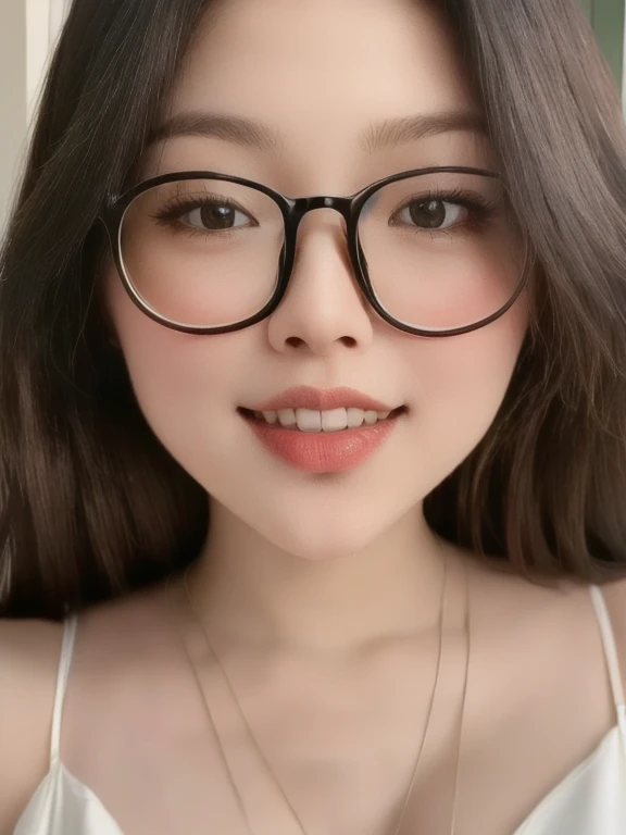 (realistic、masterpiece、Best Quality、8K、highres、high resolution:1.3)、1 glasses girl、smile, Huge breasts、white bikini、pale white skin、looking at viewers、super fine face and eyes、long hair、indoor、 upper body、