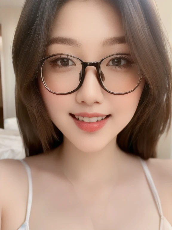 (realistic、masterpiece、Best Quality、8K、highres、high resolution:1.3)、1 glasses girl、smile, Huge breasts、white bikini、pale white skin、looking at viewers、super fine face and eyes、long hair、indoor、 upper body、