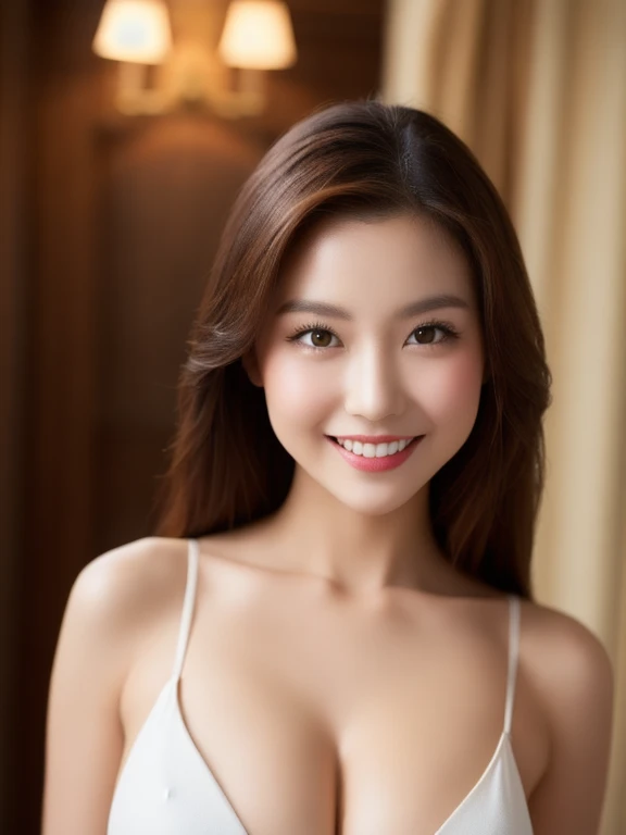 (realistic、masterpiece、Best Quality、8K、highres、high resolution:1.3)、1 glasses girl、smile, Huge breasts、white bikini、pale white skin、looking at viewers、super fine face and eyes、long hair、indoor、 upper body、