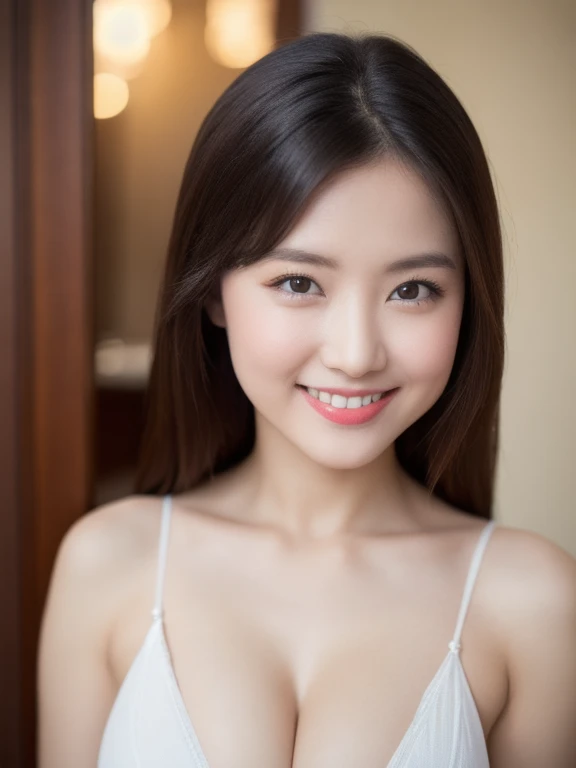(realistic、masterpiece、Best Quality、8K、highres、high resolution:1.3)、1 glasses girl、smile, Huge breasts、white bikini、pale white skin、looking at viewers、super fine face and eyes、long hair、indoor、 upper body、