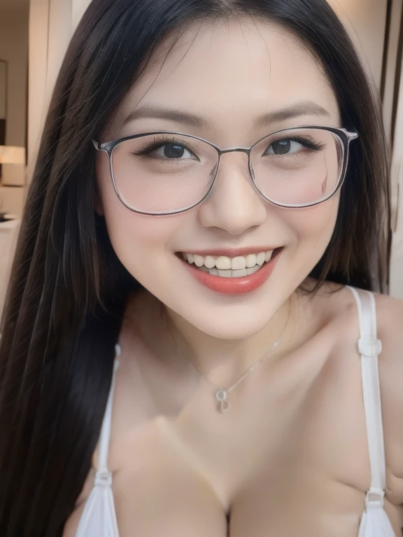 (realistic、masterpiece、Best Quality、8K、highres、high resolution:1.3)、1 glasses girl、Huge breasts、smile, white bikini、smile, pale white skin、looking at viewers、super fine face and eyes、long hair、indoor、 upper body、