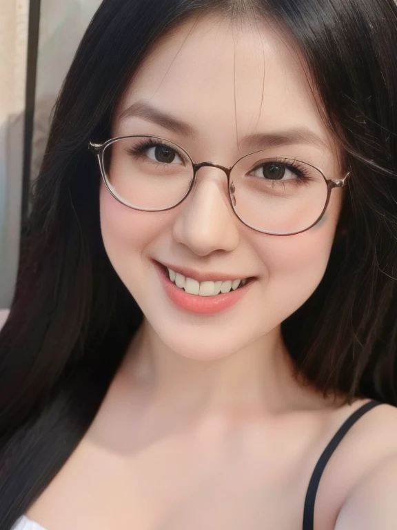 (realistic、masterpiece、Best Quality、8K、highres、high resolution:1.3)、1 glasses girl、smile, Huge breasts、white bikini、pale white skin、looking at viewers、super fine face and eyes、long hair、indoor、 upper body、