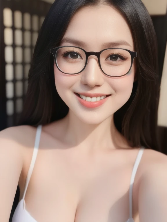 (realistic、masterpiece、Best Quality、8K、highres、high resolution:1.3)、1 glasses girl、smile, Huge breasts、white bikini、pale white skin、looking at viewers、super fine face and eyes、long hair、indoor、 upper body、