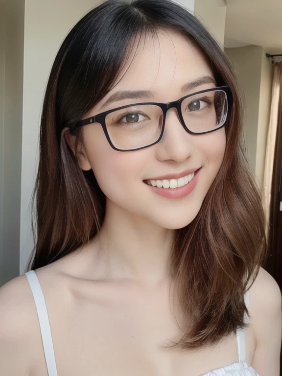 (realistic、masterpiece、Best Quality、8K、highres、high resolution:1.3)、1 glasses girl、smile, Huge breasts、white bikini、pale white skin、looking at viewers、super fine face and eyes、long hair、indoor、 upper body、