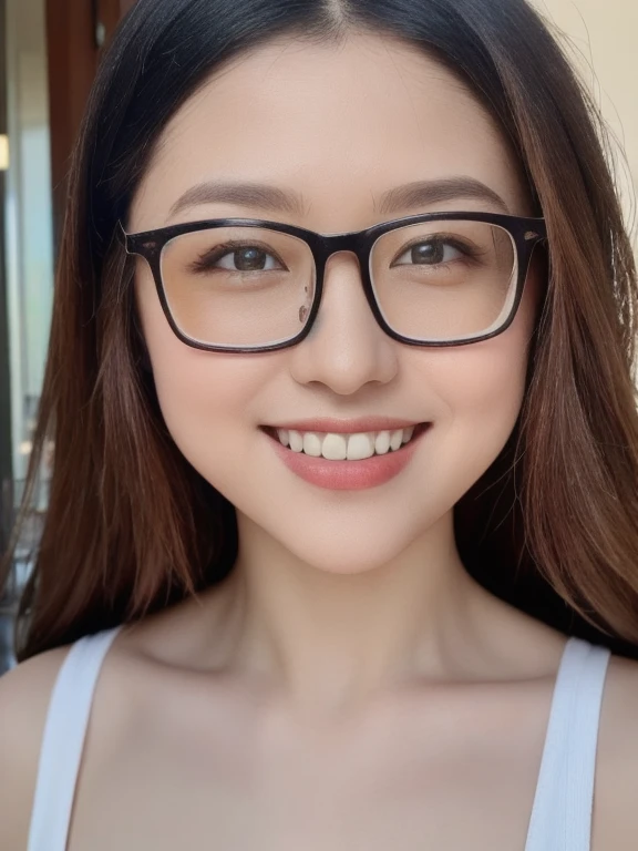 (realistic、masterpiece、Best Quality、8K、highres、high resolution:1.3)、1 glasses girl、smile, Huge breasts、white bikini、pale white skin、looking at viewers、super fine face and eyes、long hair、indoor、 upper body、