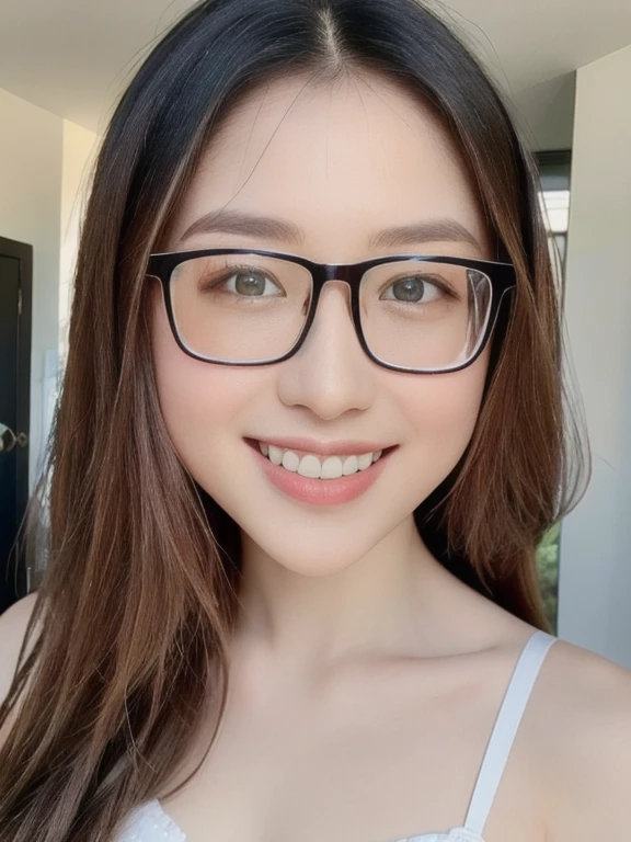 (realistic、masterpiece、Best Quality、8K、highres、high resolution:1.3)、1 glasses girl、smile, Huge breasts、white bikini、pale white skin、looking at viewers、super fine face and eyes、long hair、indoor、 upper body、