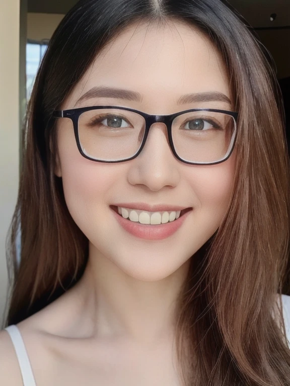 (realistic、masterpiece、Best Quality、8K、highres、high resolution:1.3)、1 glasses girl、smile, Huge breasts、white bikini、pale white skin、looking at viewers、super fine face and eyes、long hair、indoor、 upper body、