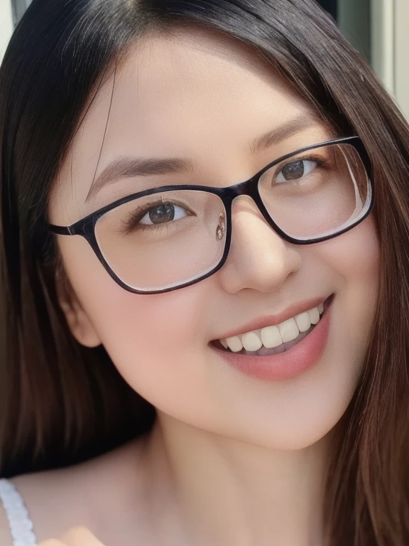 (realistic、masterpiece、Best Quality、8K、highres、high resolution:1.3)、1 glasses girl、smile, Huge breasts、white bikini、pale white skin、looking at viewers、super fine face and eyes、long hair、indoor、 upper body、