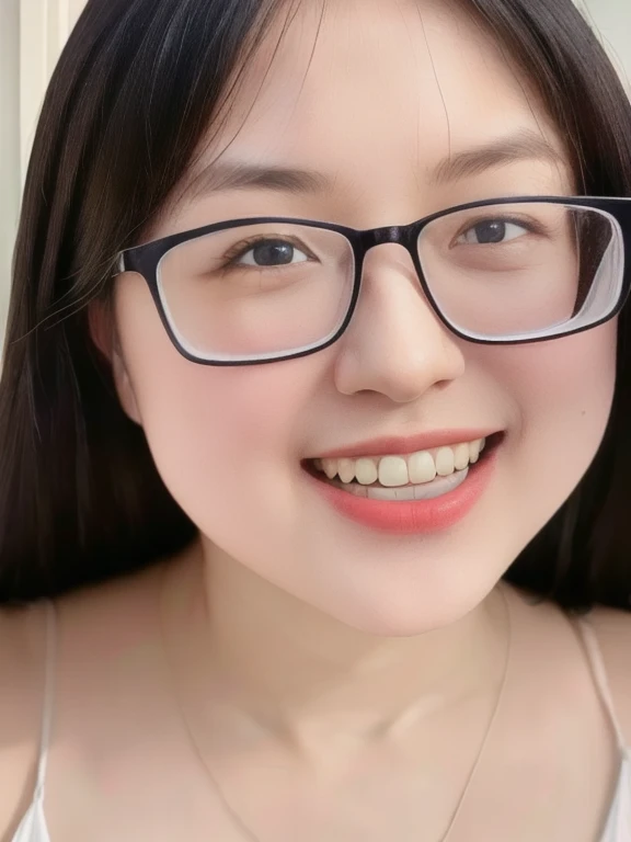 (realistic、masterpiece、Best Quality、8K、highres、high resolution:1.3)、1 glasses girl、Huge breasts、smile, white bikini、pale white skin、looking at viewers、super fine face and eyes、long hair、indoor、 upper body、
