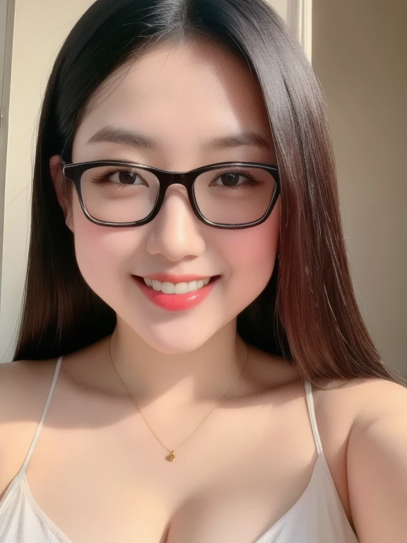 (realistic、masterpiece、Best Quality、8K、highres、high resolution:1.3)、1 glasses girl、Huge breasts、smile, white bikini、pale white skin、looking at viewers、super fine face and eyes、long hair、indoor、 upper body、