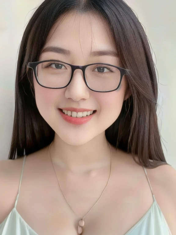 (realistic、masterpiece、Best Quality、8K、highres、high resolution:1.3)、1 glasses girl、Huge breasts、smile, white bikini、pale white skin、looking at viewers、super fine face and eyes、long hair、indoor、 upper body、