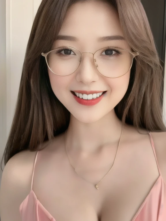 (realistic、masterpiece、Best Quality、8K、highres、high resolution:1.3)、1 glasses girl、Huge breasts、smile, white bikini、pale white skin、looking at viewers、super fine face and eyes、long hair、indoor、 upper body、
